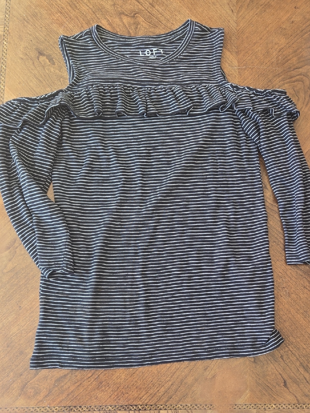 LOFT Black and White Cold-Shoulder Ruffle Long Sleeve Top